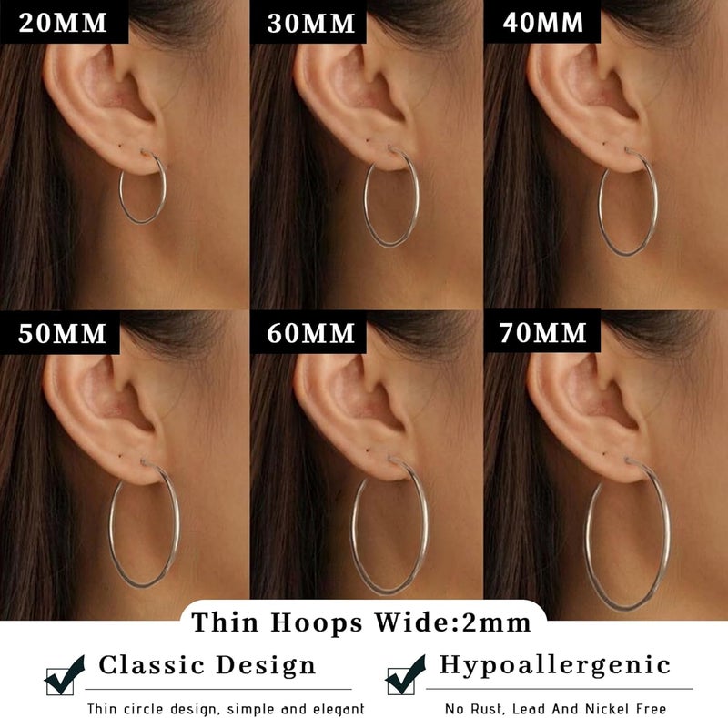 Senteria 2mm Wide 925 Sterling Silver Hoop Earrings for Women Hypoallergenic Lightweight Thin Large Big Gold Plated Hoops Earrings for Women 20/30/50/70MM - Image 4